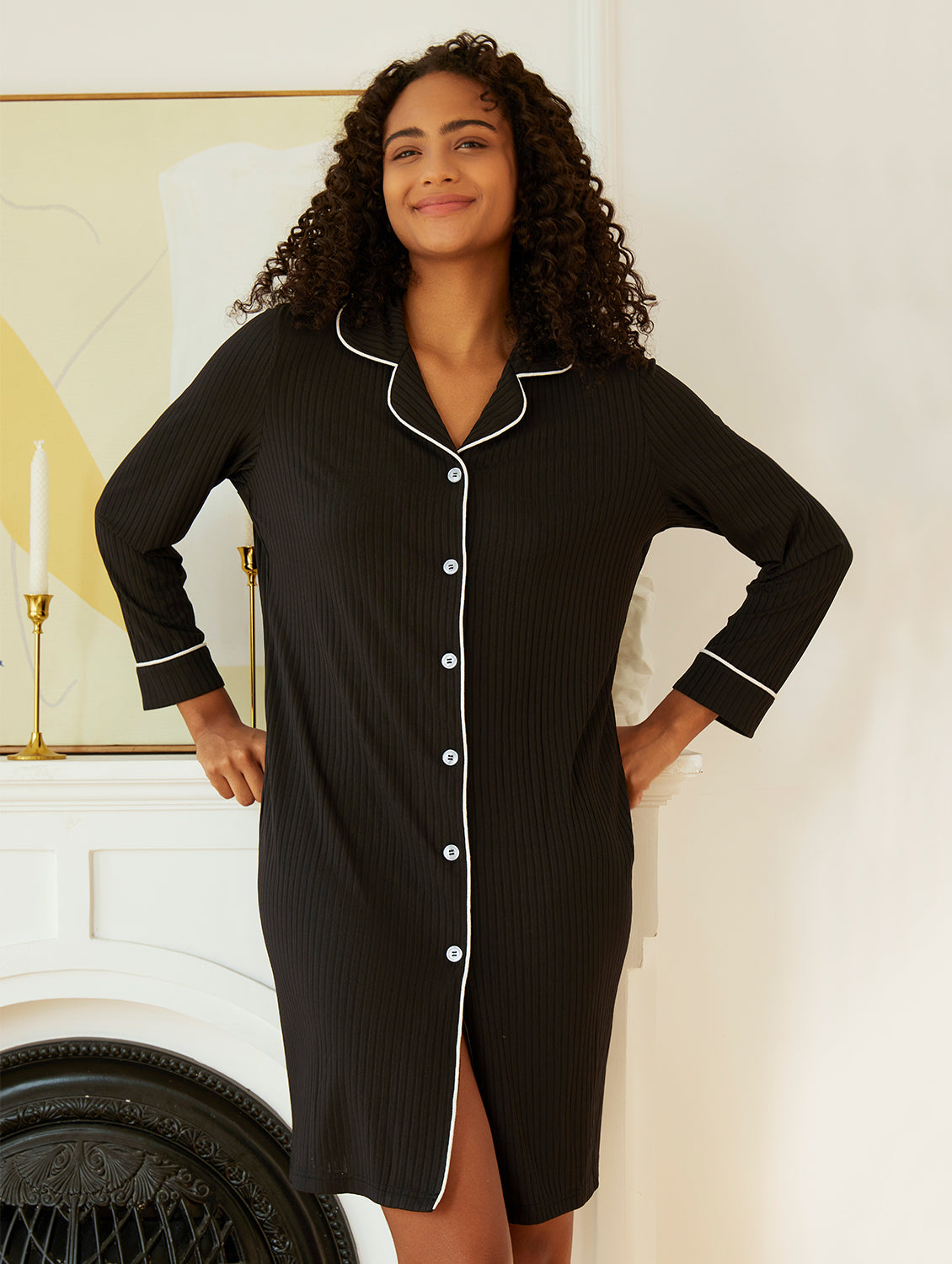 Long Sleeve Button Down Nightgown V-Neck Sleepwear Nightshirt