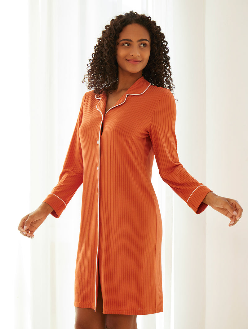 Long Sleeve Button Down Nightgown V-Neck Sleepwear Nightshirt