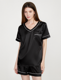 Satin Pajamas Sets Short Sleeve V Neck Top with Shorts