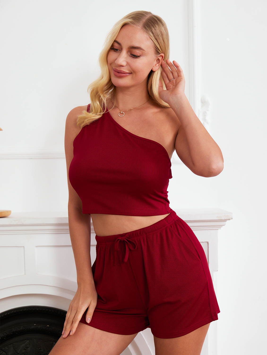 Premium Comfy Outfits Knit Pajama Set Single Shoulder