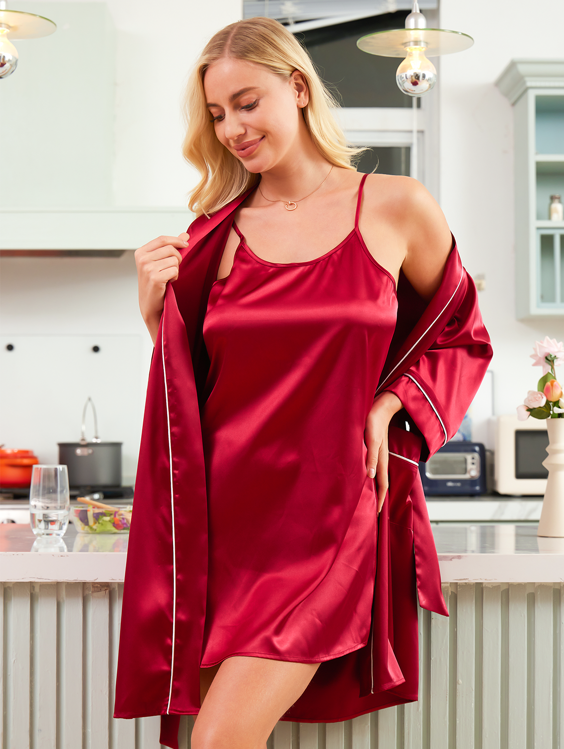 Super Silk Satin Lace Casual Nightgown & Robe Set 2Pcs