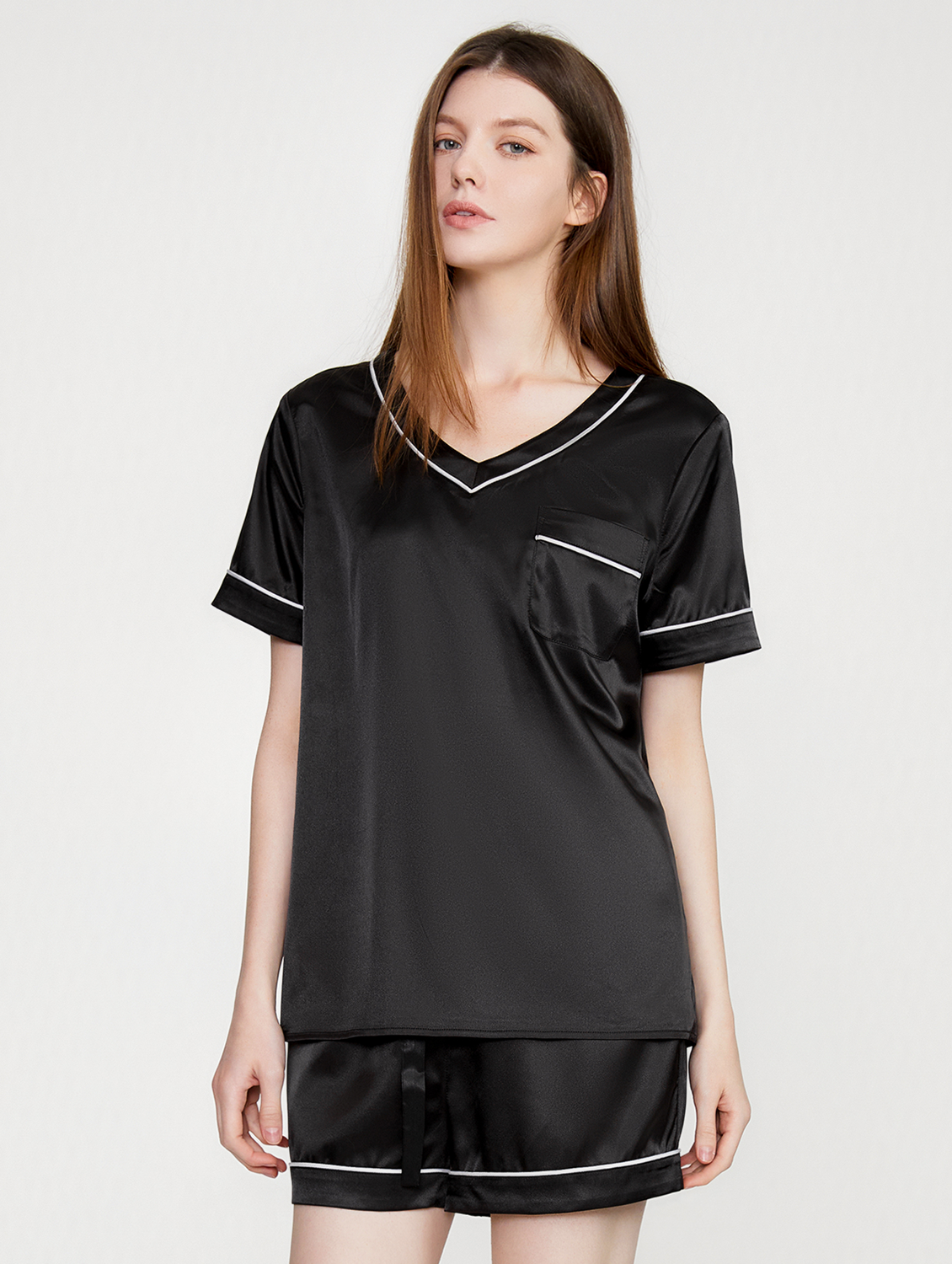 Satin Pajamas Sets Short Sleeve V Neck Top with Shorts