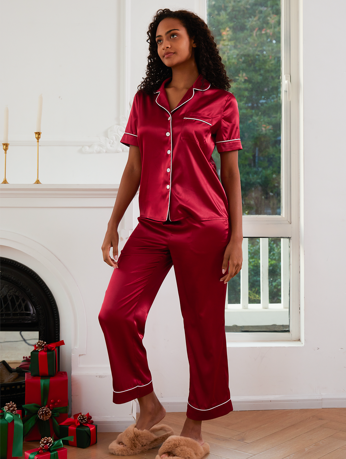 Satin Pajama Set Short Sleeve Top Long and Pants