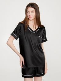 Satin Pajamas Sets Short Sleeve V Neck Top with Shorts